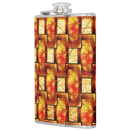 刻まれて染色された茶色のオレンジ色の長方形のプレート フラスク (左)