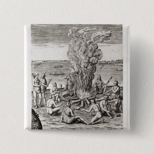 刻む火のまわりで祈っているインディアン 缶バッジ (正面)