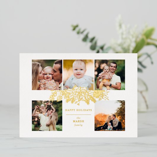 刻エレガントみ金ゴールドクリスマスフローラ5 – 写真 箔シーズンカード (立ち正面)