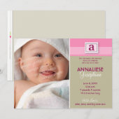 刻印されたモノグラムの誕生のお知らせ：：ピンク 案内状 (正面/裏面)