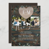 刻印ハート素朴イニシャルウッドフォト結婚ズ 招待状 (正面/裏面)