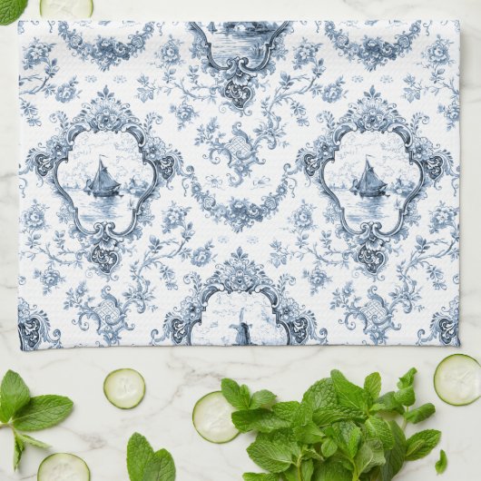 刻印フローラトイルと風車とボート – 青 キッチンタオル (折り畳み)