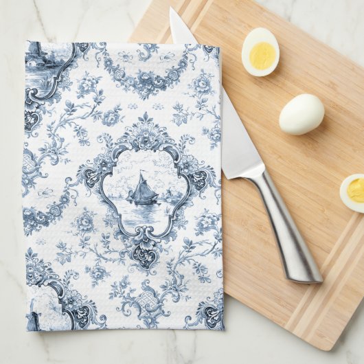 刻印フローラトイルと風車とボート – 青 キッチンタオル (四つ折り)