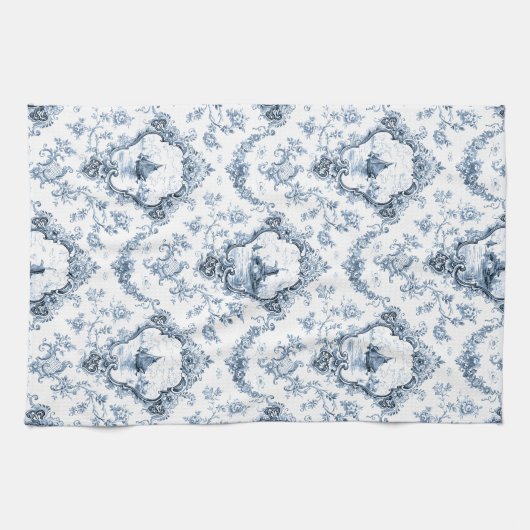 刻印フローラトイルと風車とボート – 青 キッチンタオル (横)