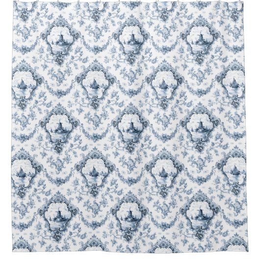 刻印フローラトイルと風車とボート – 青 シャワーカーテン (正面)