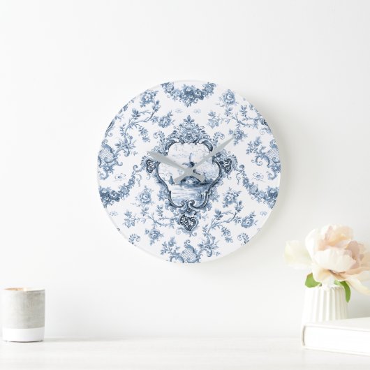 刻印フローラトイルと風車とボート – 青 ラージ壁時計 (ホーム)