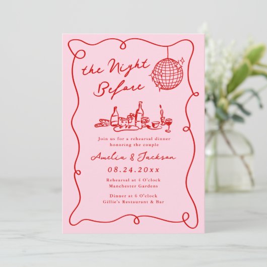 前お洒落の手書きピンクと赤の夜 招待状 (スタンド正面)