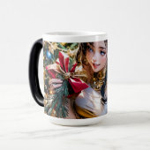 前に赤いバラを持つ金ゴールドドレスを着た人 モーフィングマグカップ (正面左)