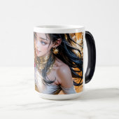 前に赤いバラを持つ金ゴールドドレスを着た人 モーフィングマグカップ (正面右)