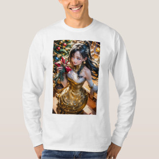 前に赤いバラを持つ金ゴールドドレスを着た人 Tシャツ