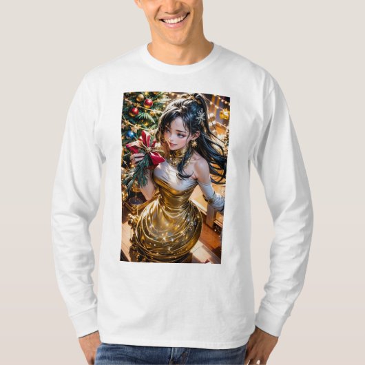 前に赤いバラを持つ金ゴールドドレスを着た人 Tシャツ (正面)