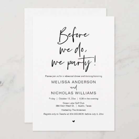 前に、私たちパーティーのリハ結婚ーサルディナーI 招待状 (正面/裏面)