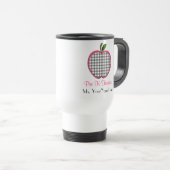 前にKの先生のマグ-ギンガムのApple灰色のwのピンク トラベルマグ (正面右)