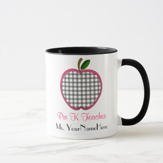 前にKの先生のマグ-ギンガムのApple灰色のwのピンク マグカップ (右)