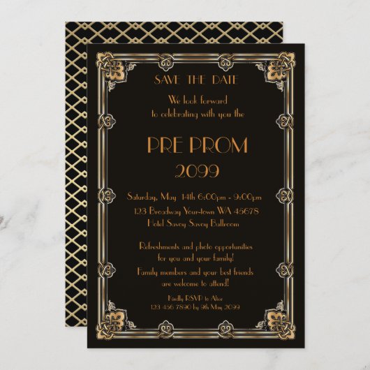 前にPromJunior、素晴らしいGatsbyの黒い金ゴールド セーブザデート (正面/裏面)