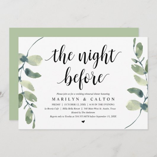 前の夜、リハーサルディナー、ユーカリ 招待状 (正面/裏面)