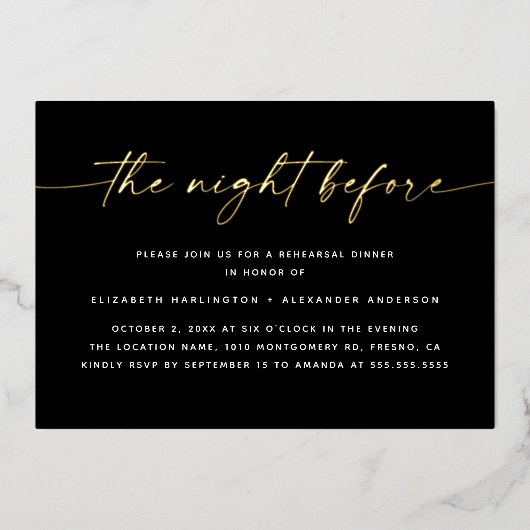 前の夜 | 金ゴールドスクリプトのリハーサルディナー 箔招待状 (正面)