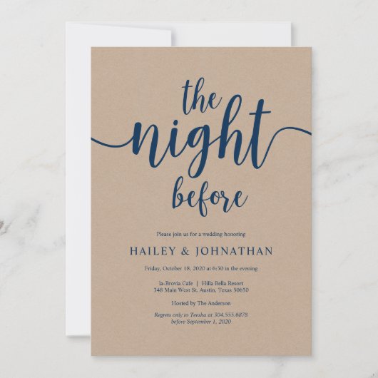 前の晩ネイビー·ブルー·クラフト·リハーサル·ディナー 招待状 (正面)