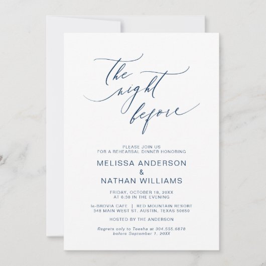 前の晩ネイビー·ブルー·リハーサル·ディナー 招待状 (正面)