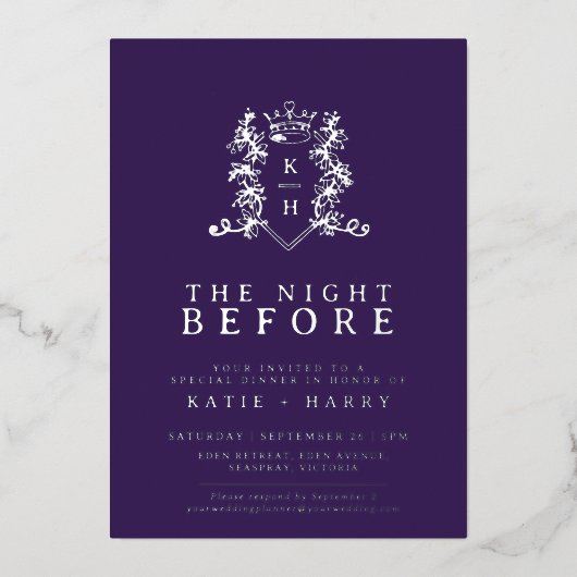 前の王冠モノグラム銀結婚紫の夜 箔招待状 (正面)