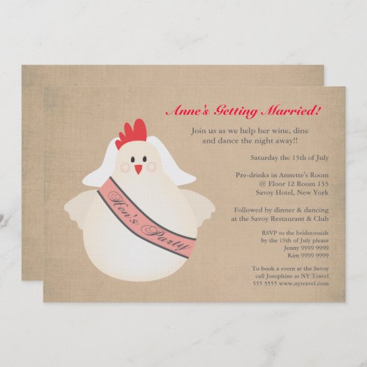 前の鶏の雌鶏の女の子夜結婚披露宴の招待 招待状 (正面/裏面)