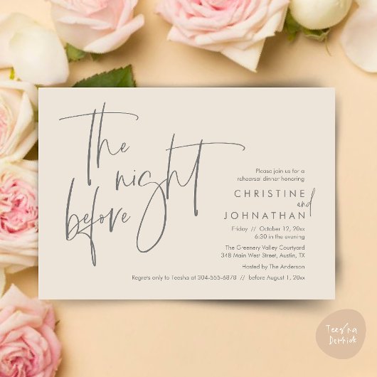 前カジュアル夜の結婚リハーサルディナー 招待状