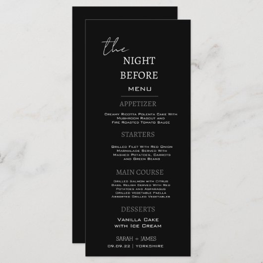 前ミニマルの夜の黒いディナー結婚 メニュー (正面/裏面)