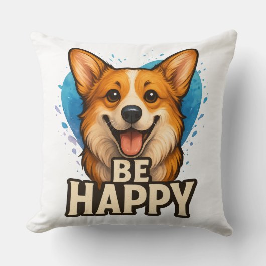 前向きな気持ちになれるハッピーコーギー かわいい犬好きデザイン クッション (正面)