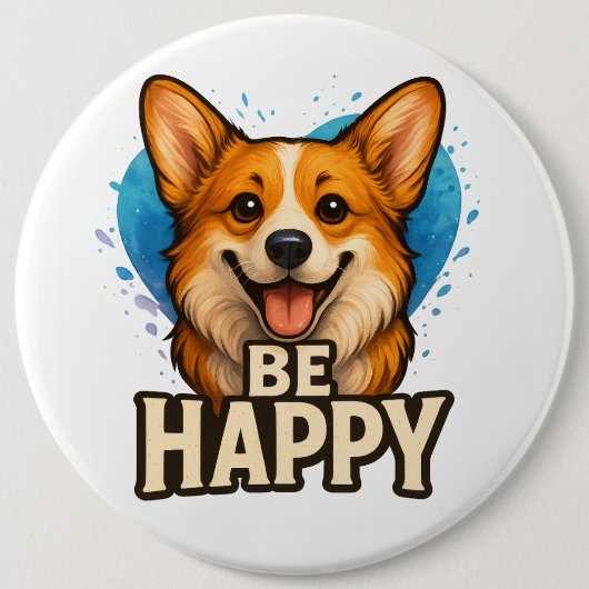 前向きな気持ちになれるハッピーコーギー かわいい犬好きデザイン 缶バッジ (正面)