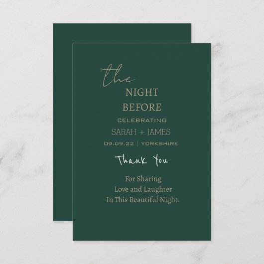 前夜のミニマルなエメラルドグリーン結婚ズ サンキューカード (正面/裏面)