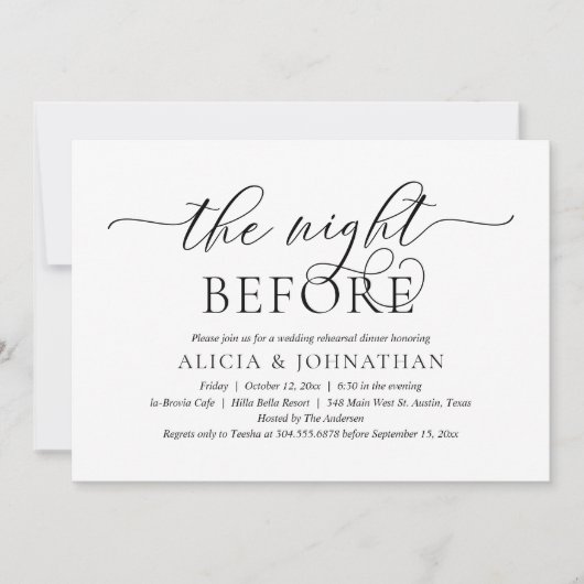 前夜の現代的な結婚式のリハーサルディナー 招待状 (正面)