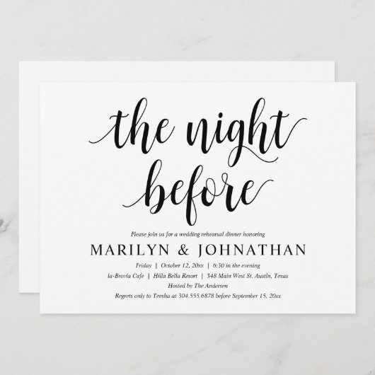 前夜の現代的な結婚式のリハーサルディナー 招待状 (正面/裏面)