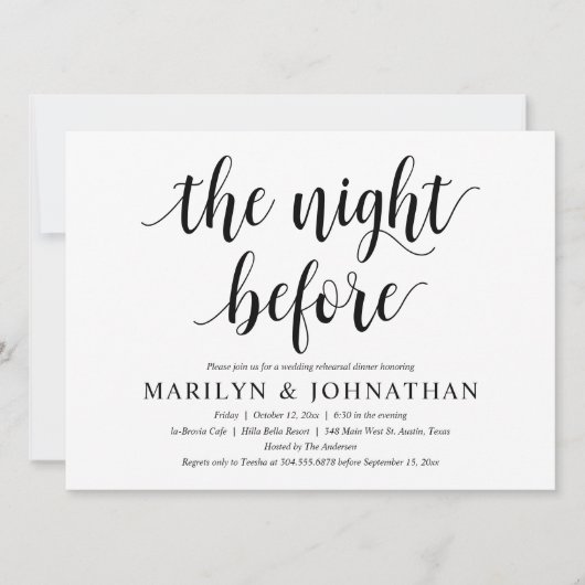 前夜の現代的な結婚式のリハーサルディナー 招待状 (正面)