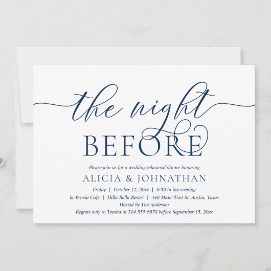 前夜、ネイビーブルー、リハーサルディナー 招待状 (正面)
