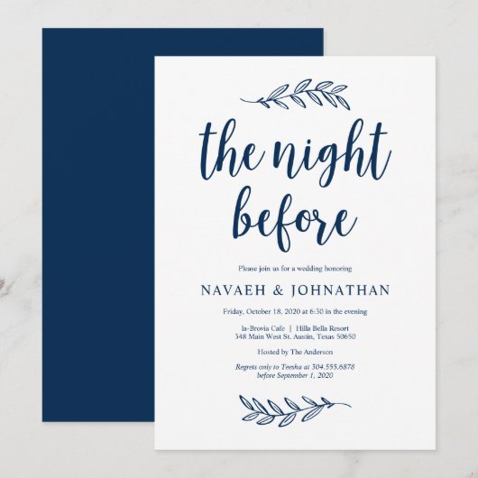 前夜、ネイビーブルー、リハーサル結婚ディナー 招待状 (正面/裏面)