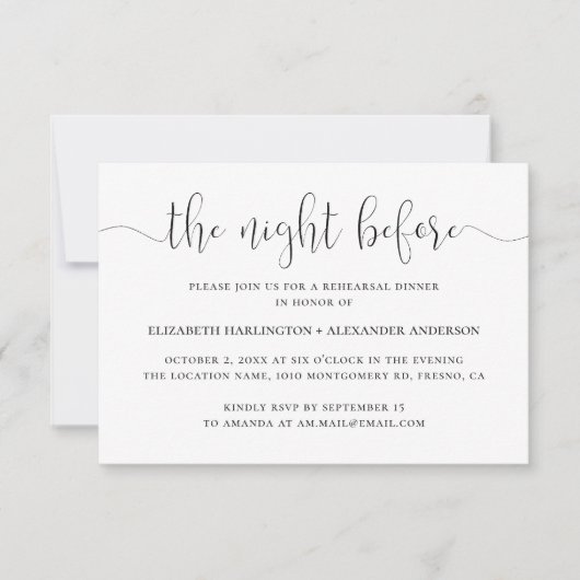 前夜。白黒のリハーサルディナー 招待状 (正面)