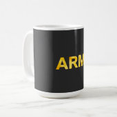 前後にArmyデザイン、黄色と白 コーヒーマグカップ (正面左)