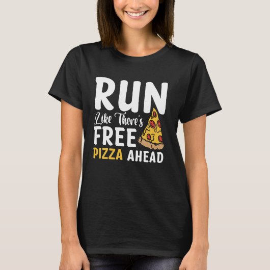 前方に無料ピザありげなランニング Tシャツ (正面)