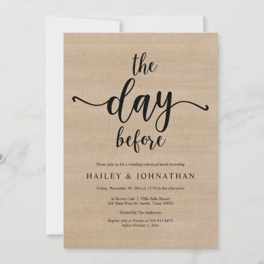 前日のリハーサル結婚ランチまたはブランチ 招待状 (正面)