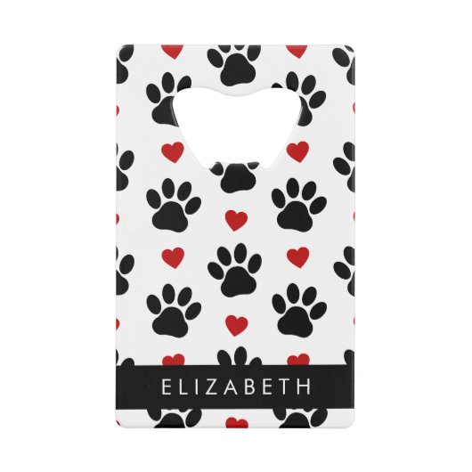 前足のパターン，黒い前足，赤いハート，名前 クレジットカード栓抜き (正面)