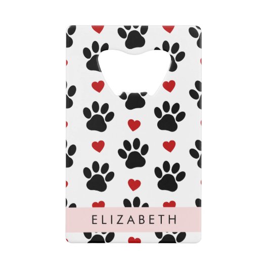 前足のパターン，黒い前足，赤いハート，名前 クレジットカード栓抜き (正面)