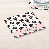 前足のパターン，黒い前足，赤いハート，名前 スクエアペーパーコースター (アングル)