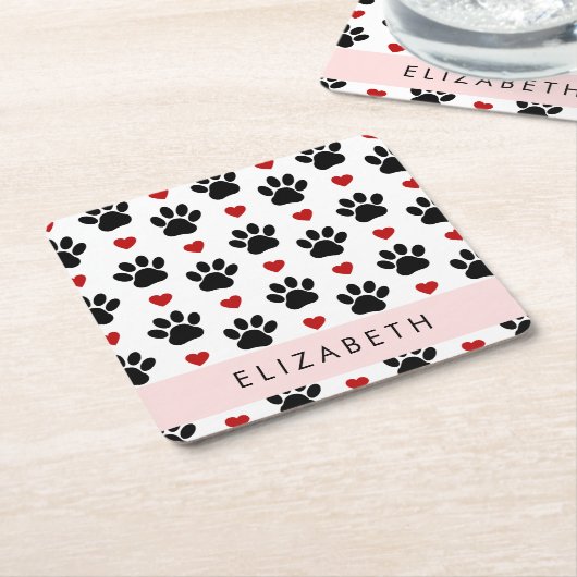 前足のパターン，黒い前足，赤いハート，名前 スクエアペーパーコースター (アングル)