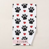 前足のパターン，黒い前足，赤いハート，名前 バスタオルセット (ハンドタオル)