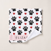 前足のパターン，黒い前足，赤いハート，名前 バスタオルセット (ウォッシュタオル)