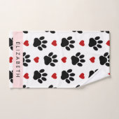 前足のパターン，黒い前足，赤いハート，名前 バスタオルセット (ハンドタオル)