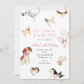 前足の犬少女ピンクの動物の誕生パーティー 招待状 (正面)