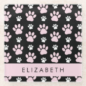 前足、ピンクの前足、犬の前足、あなたの名前のパターン ガラスコースター (正面)