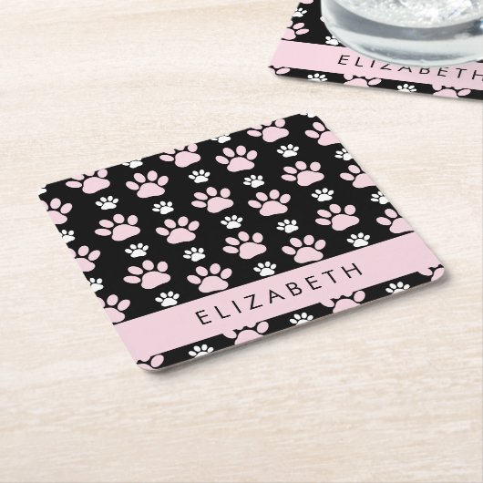前足、ピンクの前足、犬の前足、あなたの名前のパターン スクエアペーパーコースター (アングル)