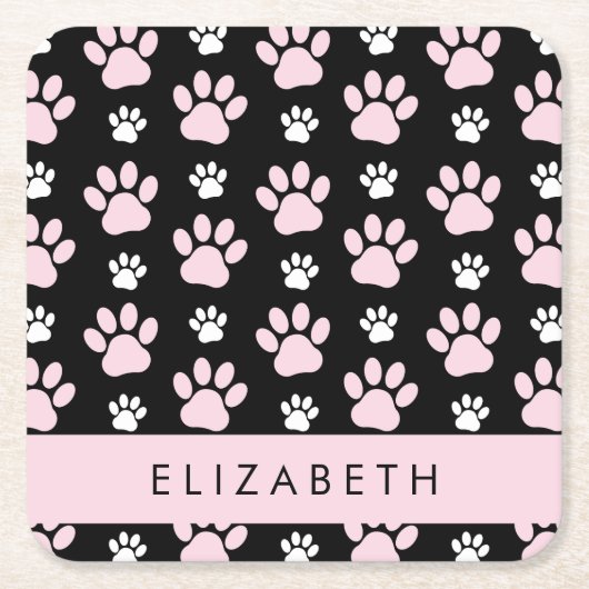 前足、ピンクの前足、犬の前足、あなたの名前のパターン スクエアペーパーコースター (正面)